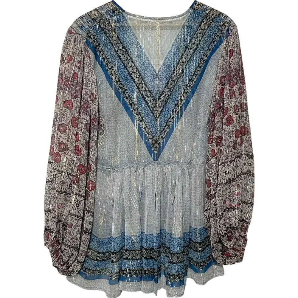 Free People Bohemian Aliyah Printed Long Sleeve Sheer Tunic Top (S)